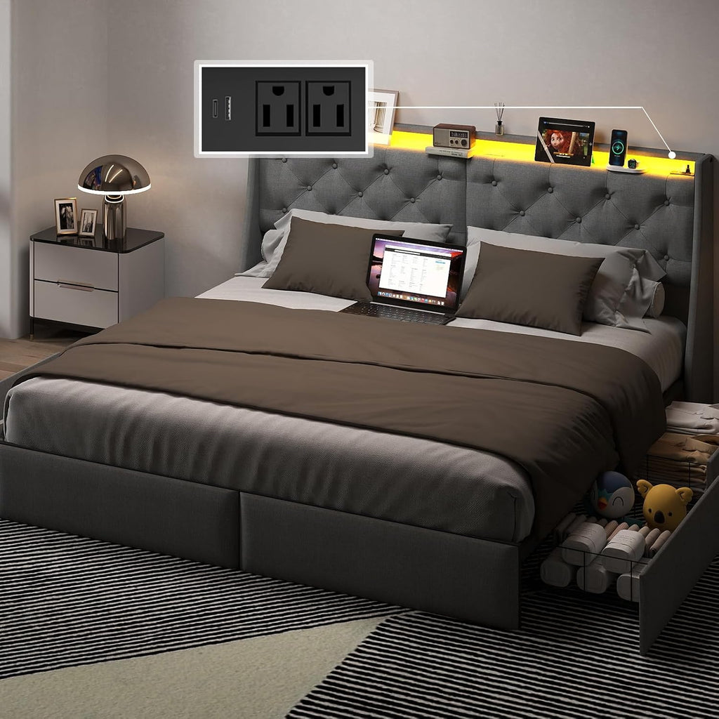 King Size Bed Frame with LED Lights and Charging Station, Upholstered Platform Bed with Storage Headboard and 4 Drawers, Metal Slat Support, Noise-Free, No Box Spring Needed, Easy Assembly, Gray