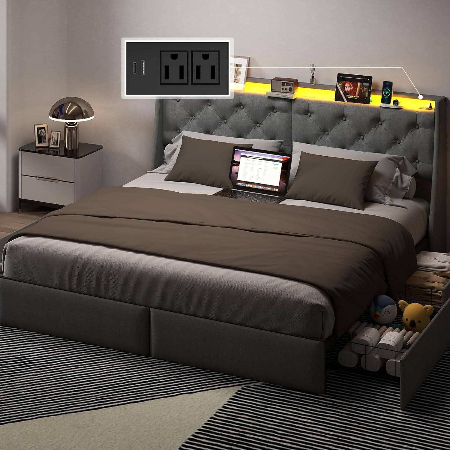 King Size Bed Frame with LED Lights and Charging Station, Upholstered Platform Bed with Storage Headboard and 4 Drawers, Metal Slat Support, Noise-Free, No Box Spring Needed, Easy Assembly, Gray