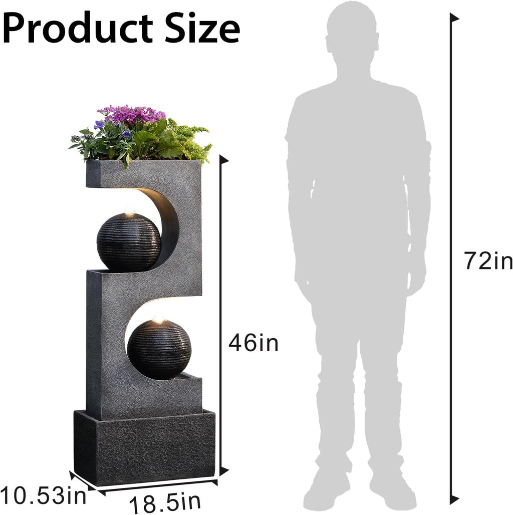 46''Tall Outdoor Water Fountain Water Garden Zen Fountains Indoor with Led Lights,Modern Sphere Curve for Garden Patio Yard Deck Home Decor Lawn Porch House