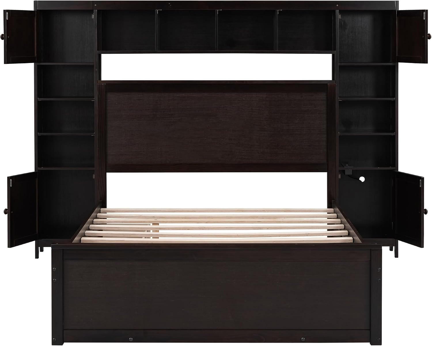 Harper & Bright Designs Full Platform Bed with All-in-One Cabinet, Shelf and Sockets Wood Full Size Beds with Trundle & 2 Drawers, Full Bed Frame for Bed Room, No Box Spring Needed,Espresso