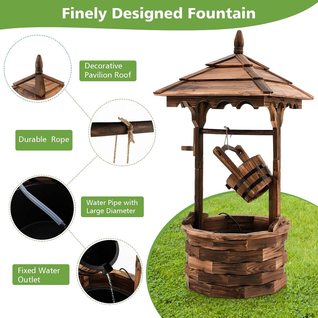 Tangkula Outdoor Wishing Well Water Fountain, Old-Fashioned Wood Waterfall Fountain w/Bucket Pump, Rustic Farmhouse Decoration for Garden, Backyard, 46 Inch Tall (22.5' x 22.5' x 48.5')