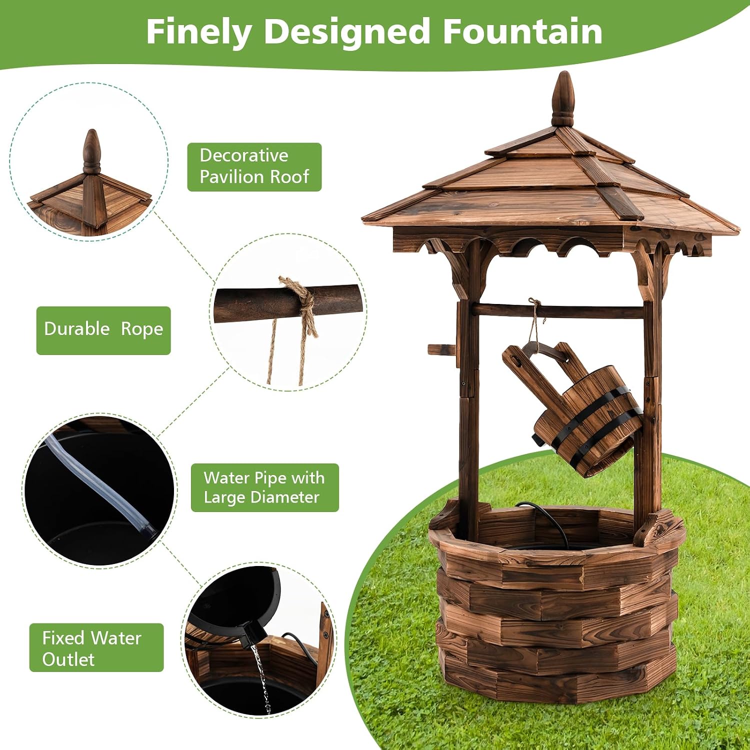 Tangkula Outdoor Wishing Well Water Fountain, Old-Fashioned Wood Waterfall Fountain w/Bucket Pump, Rustic Farmhouse Decoration for Garden, Backyard, 46 Inch Tall (22.5' x 22.5' x 48.5')