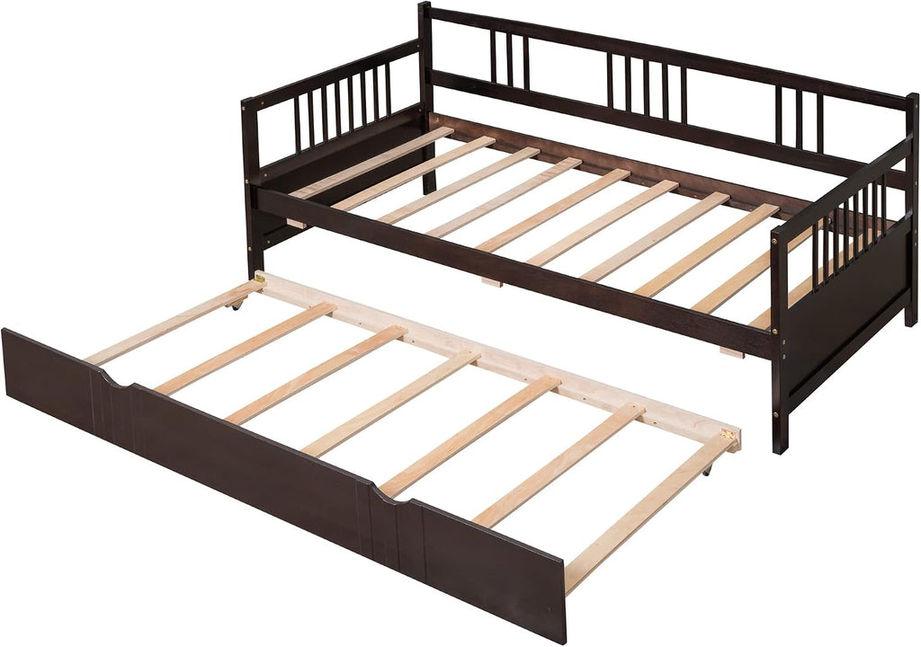 Merax Daybed with Trundle Bed Wooden Slats Support Modern Living Daybed with Rails, Twin Size, Espresso