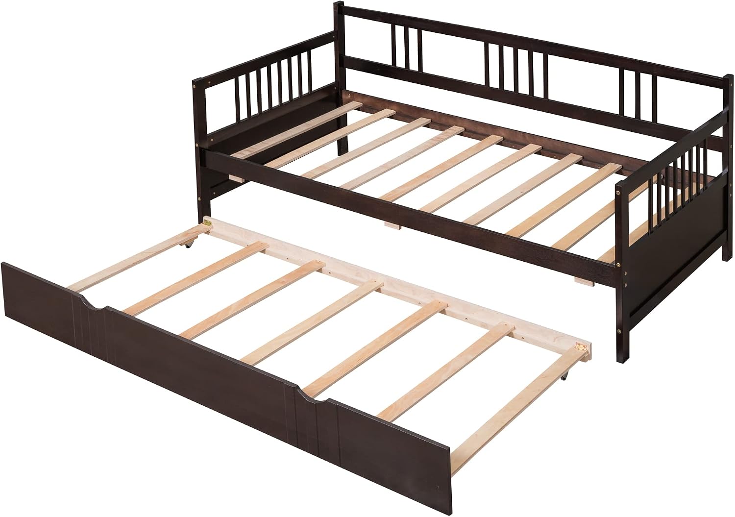 Merax Daybed with Trundle Bed Wooden Slats Support Modern Living Daybed with Rails, Twin Size, Espresso