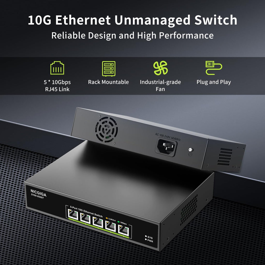 5 Port 10G Ethernet Switch Unmanaged,with 5X 10Gb Base-T RJ45 Ports, NICGIGA 10Gbps Network Switch Easy for 10G NAS,PC,WiFi7 Router,10G Adapter/NIC. Desktop or 19-inch Rack Mount, Plug and Play.