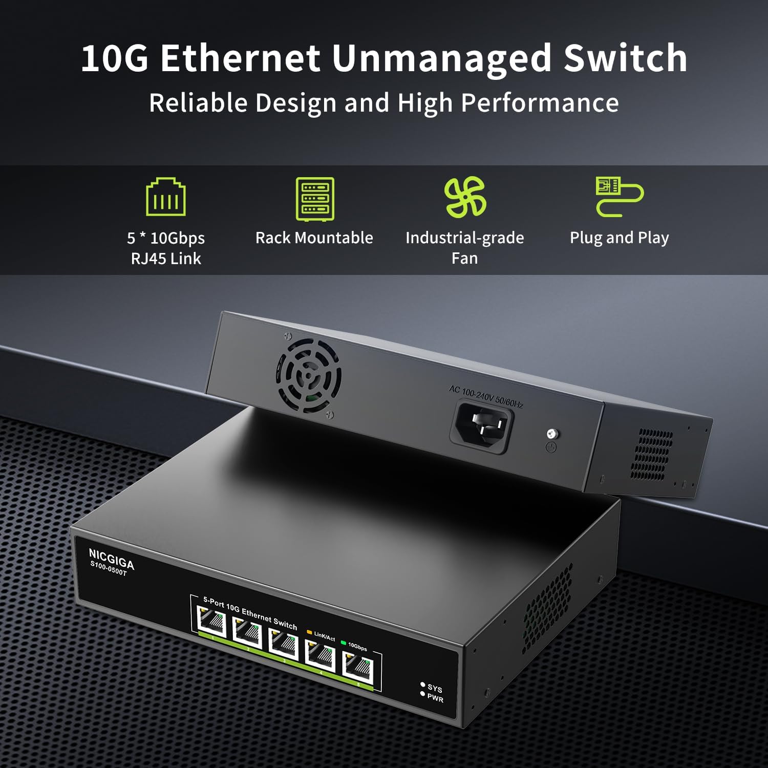 5 Port 10G Ethernet Switch Unmanaged,with 5X 10Gb Base-T RJ45 Ports, NICGIGA 10Gbps Network Switch Easy for 10G NAS,PC,WiFi7 Router,10G Adapter/NIC. Desktop or 19-inch Rack Mount, Plug and Play.