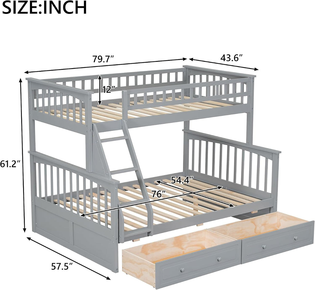 Harper & Bright Designs Convertible Wood Twin Over Full Bunk Bed with 2 Storage Drawers and Ladder - Can Be Divided Into Two Daybeds, Grey