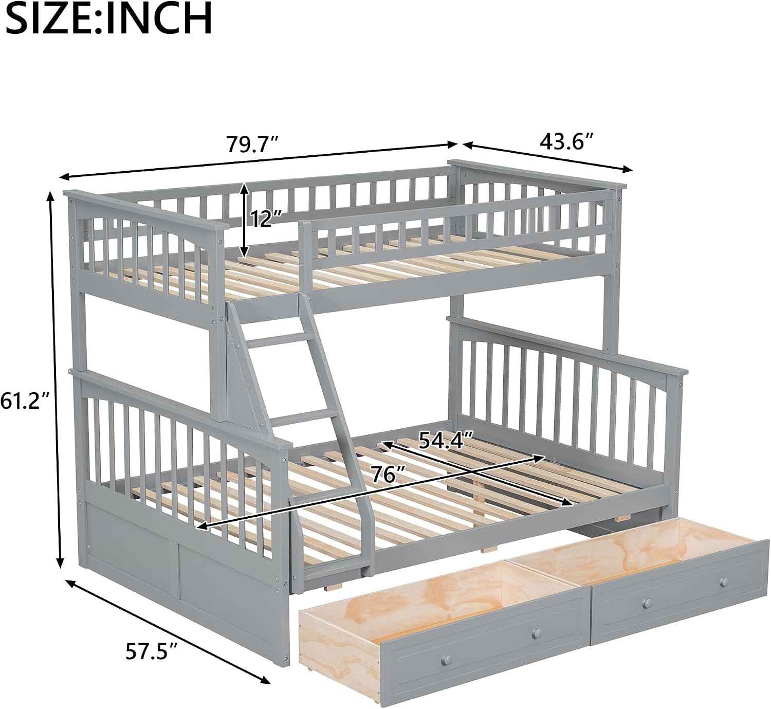 Harper & Bright Designs Convertible Wood Twin Over Full Bunk Bed with 2 Storage Drawers and Ladder - Can Be Divided Into Two Daybeds, Grey