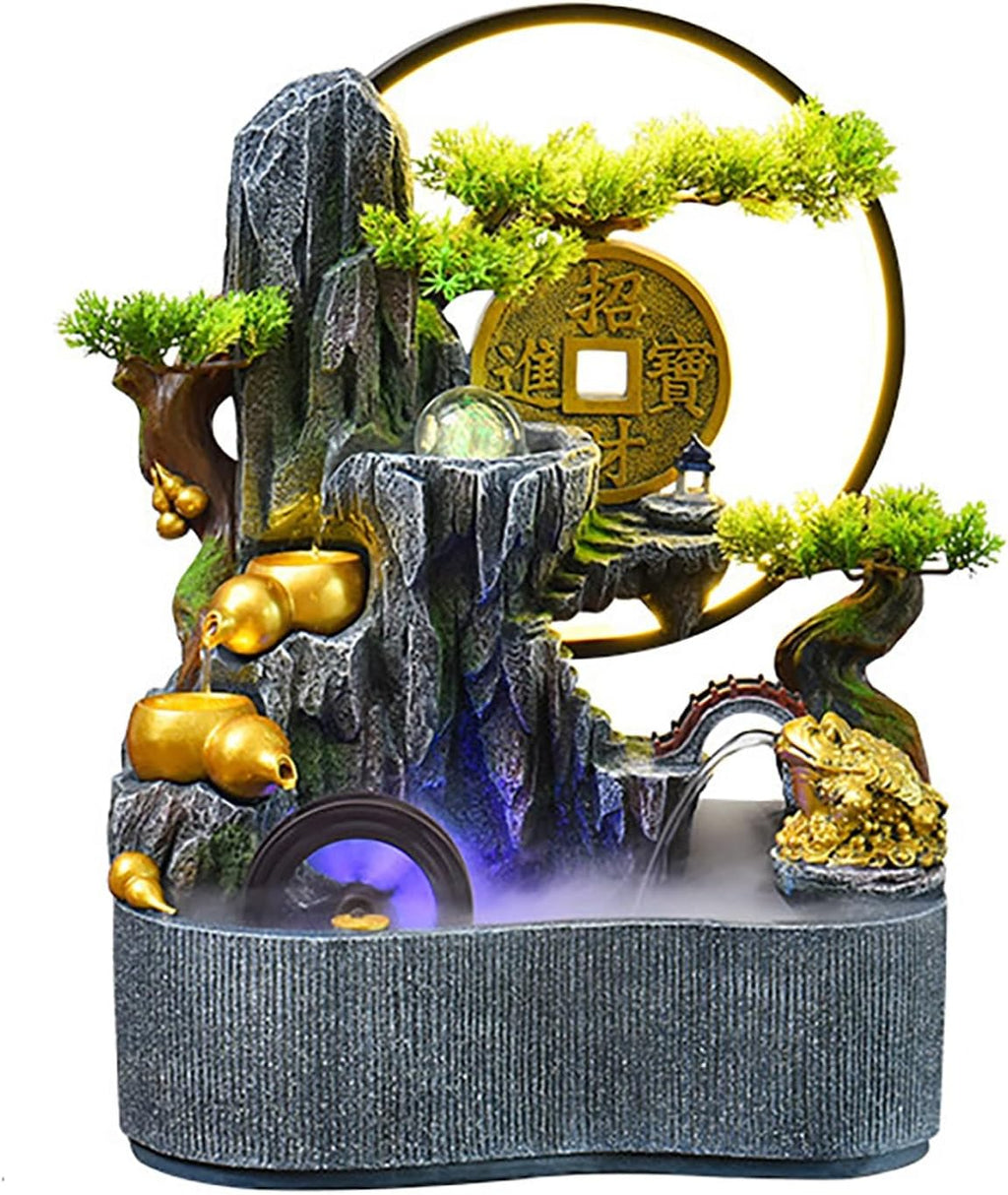 Tabletop Water Fountain, Indoor Bonsai Waterfall with LED Light, Resin Desk for Living Room, Office, Bedroom, Study(B)