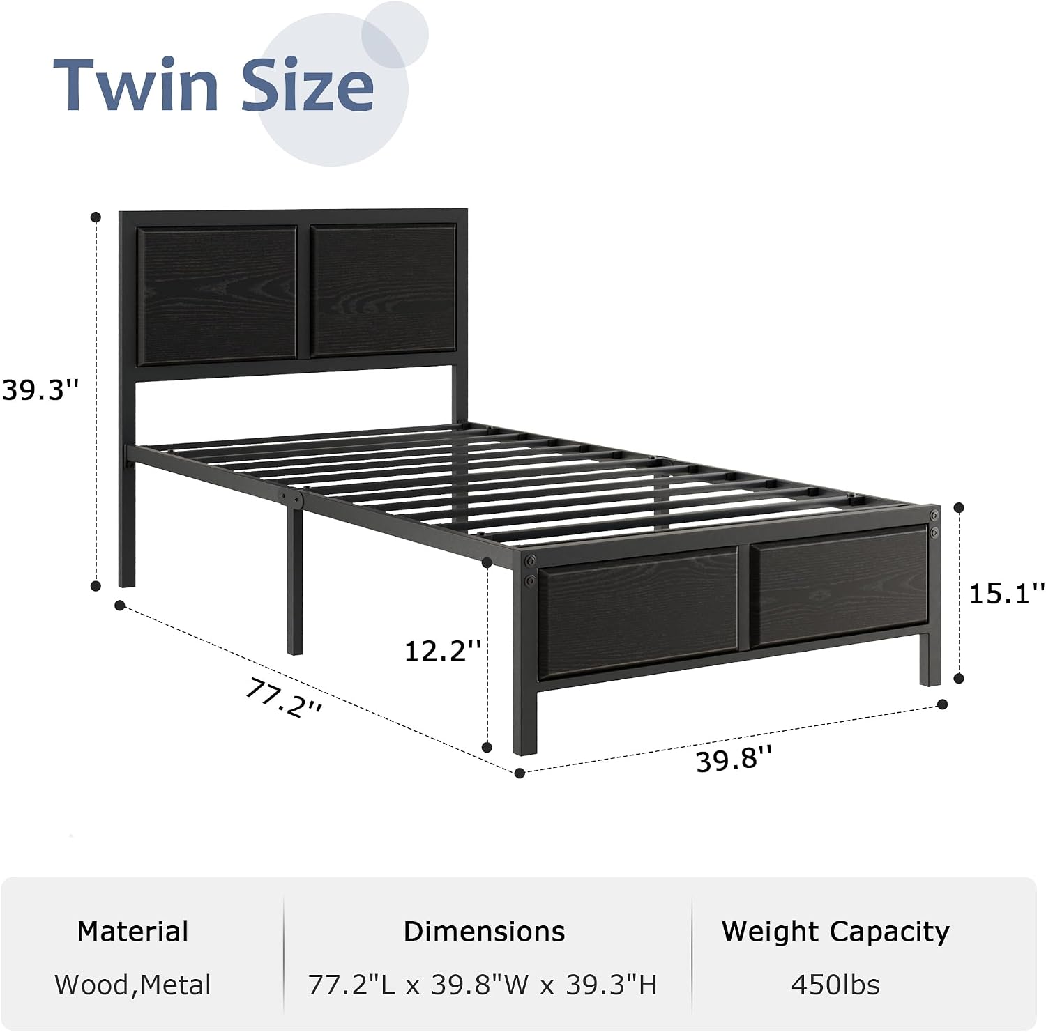 VECELO Twin Bed Frames, Metal Platform Beds with Large Rustic Wooden Headboard, Metal Slats Support, Noise-Free/Easy Assembly, Black