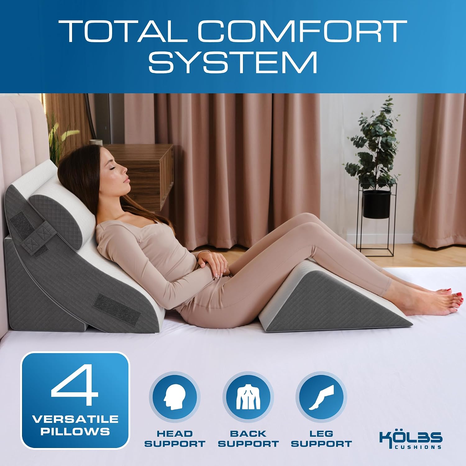 Kolbs Bed Wedge Pillow for Sleep Apnea, FSA Eligible Acid Reflux, and Back Pain Relief, with Chic Jacquard Cover - Headboard Wedges for Sleeping (4 Piece Wedge Set)