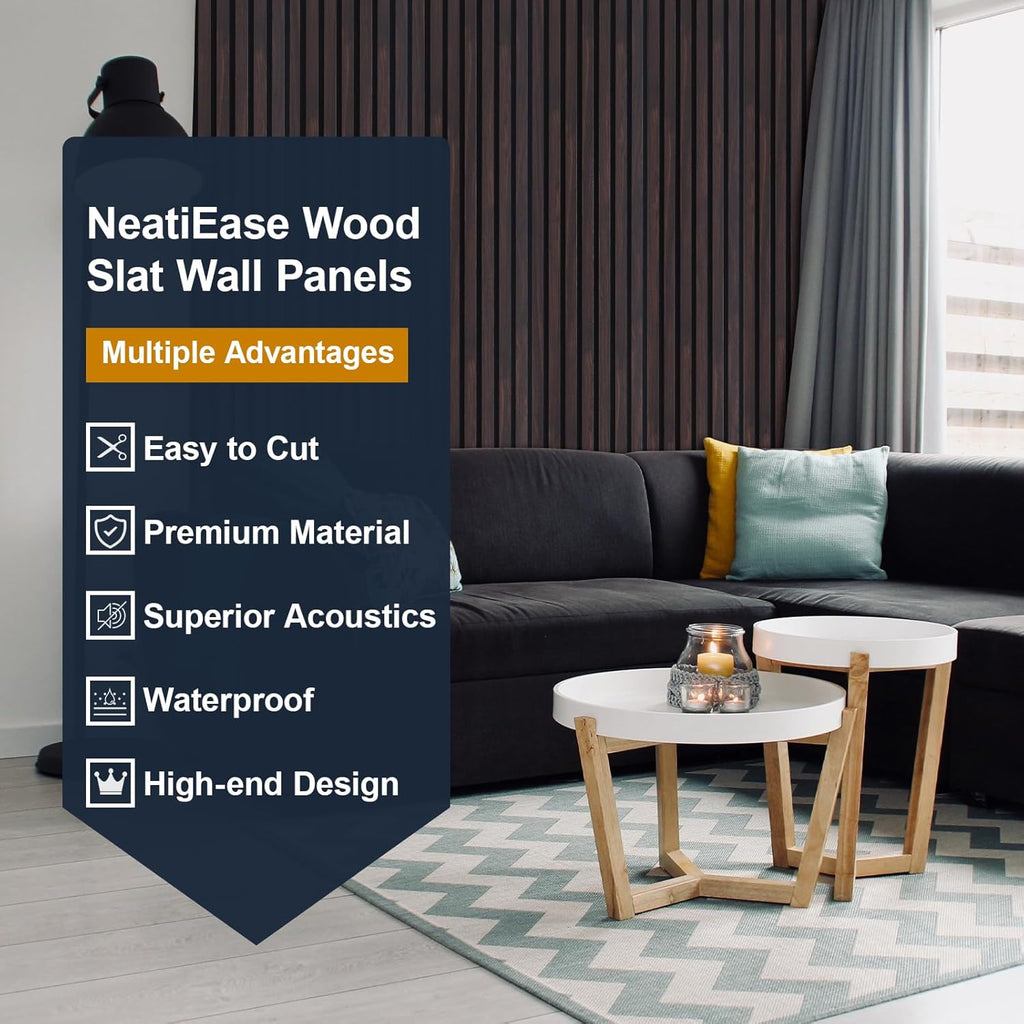NeatiEase Wood Panels for Wall, 4-Piece 96' x 12.6' Soundproof Wood Slat Wall Panel for Interior Wall Decor Noise Cancelling, Wood Acoustic Wall Panels, Sound Absorbing Panel (Dark Walnut)