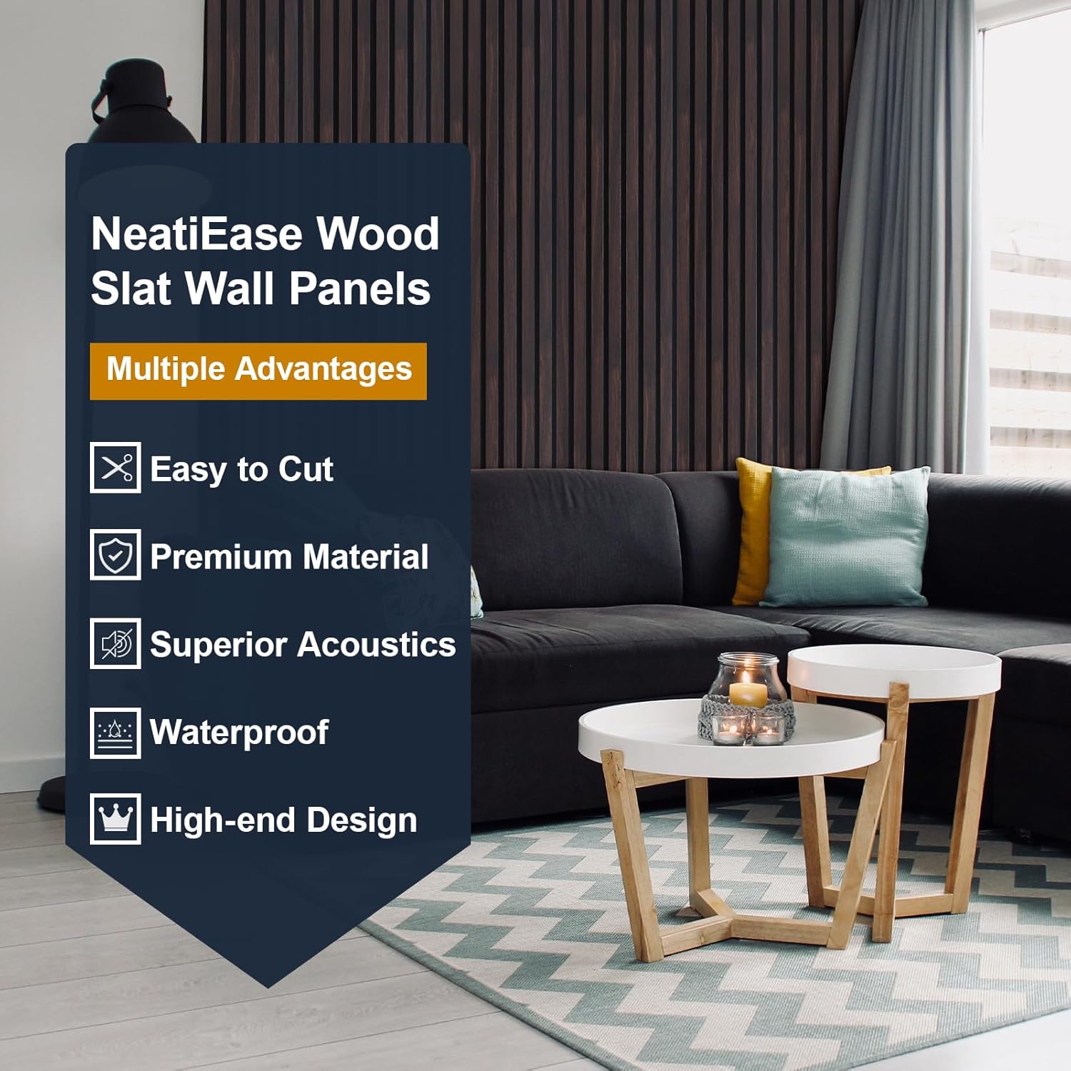 NeatiEase Wood Panels for Wall, 4-Piece 96' x 12.6' Soundproof Wood Slat Wall Panel for Interior Wall Decor Noise Cancelling, Wood Acoustic Wall Panels, Sound Absorbing Panel (Dark Walnut)