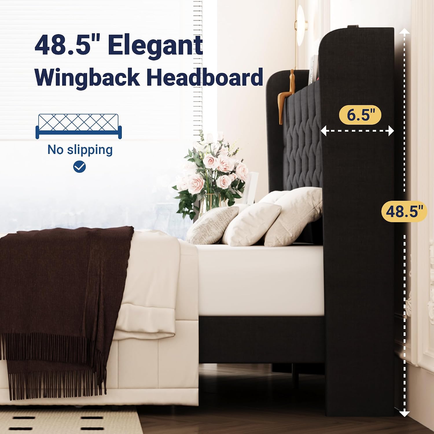 Allewie Queen Size Bed Frame, Storage Headboard with Charging Station, Wingback Linen Upholstered, Diamond Stitched Button Tufted, Sturdy Wooden Slats, No Box Spring Needed, Easy Assembly, Dark Gray