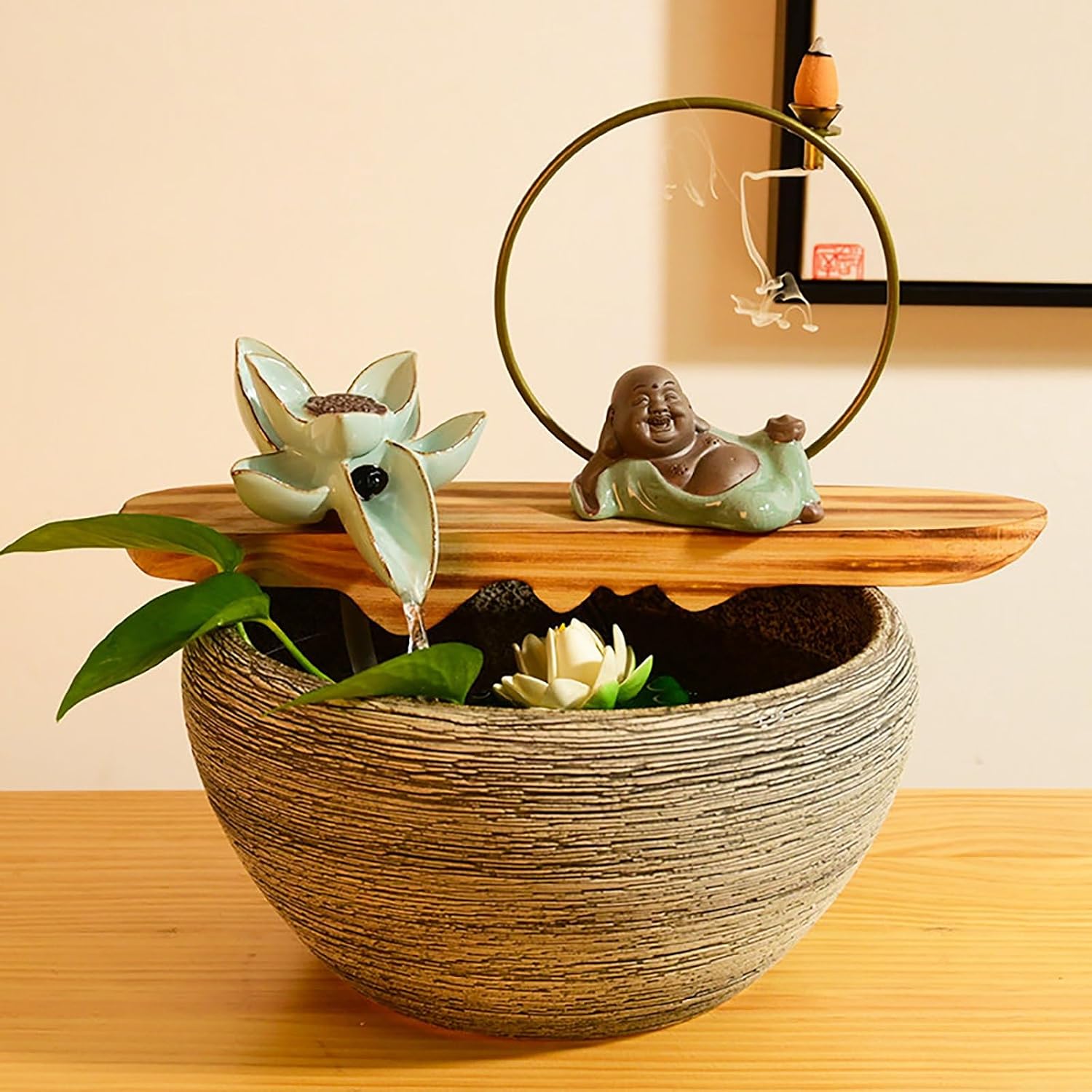 Tabletop Waterfall Fountain, Zen Meditation, Resin, Indoor Water Feature for Home, Office, Bedroom, Living Room, Space, Fengshui Decor(A,12.5 * 12.5 * 11.2in)
