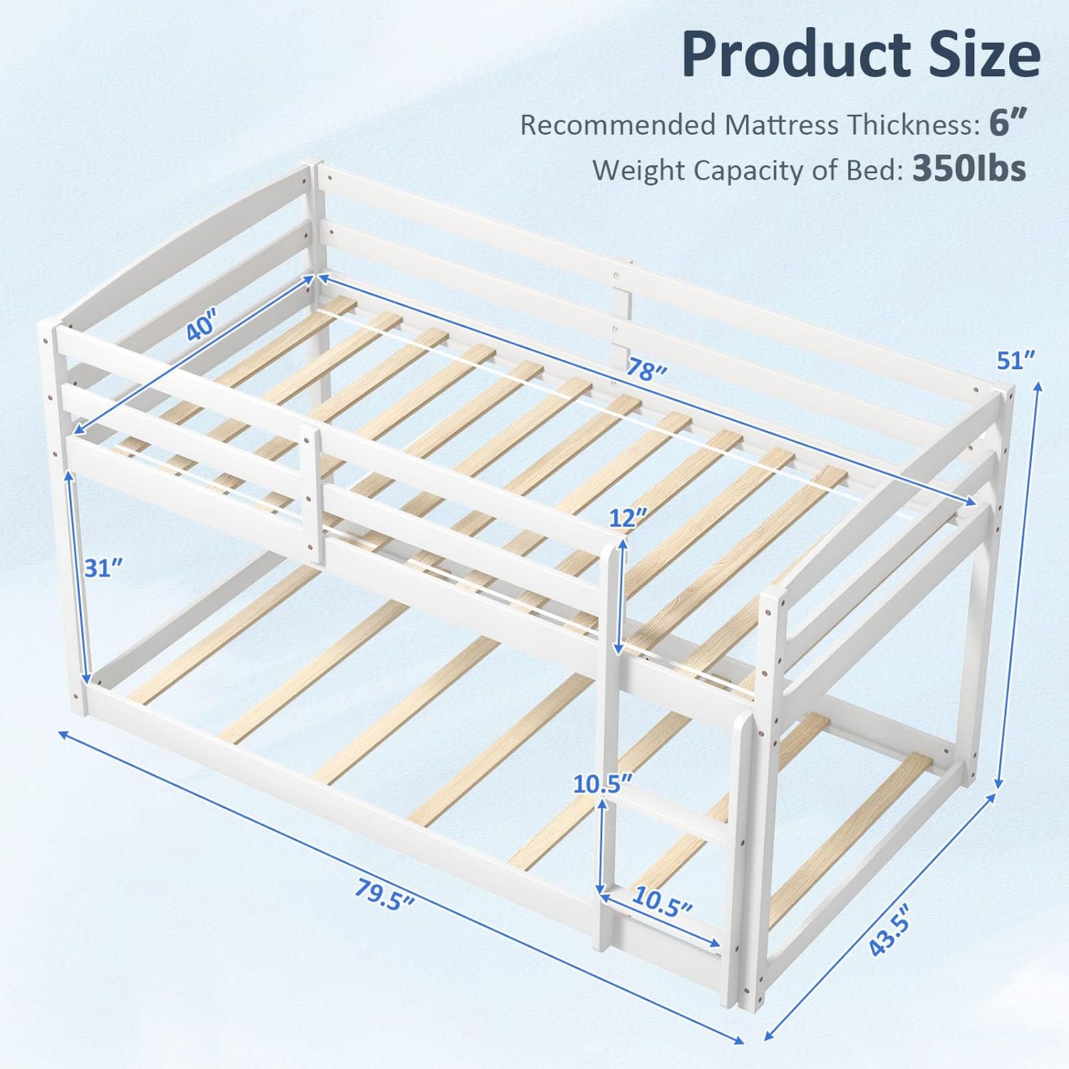 KOMFOTT Low Bunk Bed Twin Over Twin, Solid Wood Bunk Bed Frame with Built-in Ladder & Safety Guardrails, Space-Saving Low Bunk Bed for Kids, Teens, No Box Spring Needed