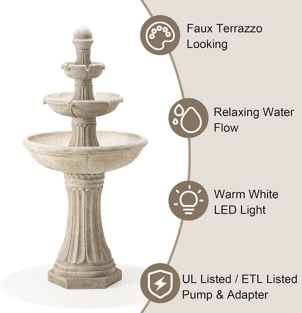 Glitzhome Water Fountain Outdoor Floor-Stand Fountains with LED Light & Pump, Oversized 3 Tier Terrazzo Waterfalls Patio Fountain and Waterfalls Outdoor Yard Fountains for Lawn Garden Backyard Deck