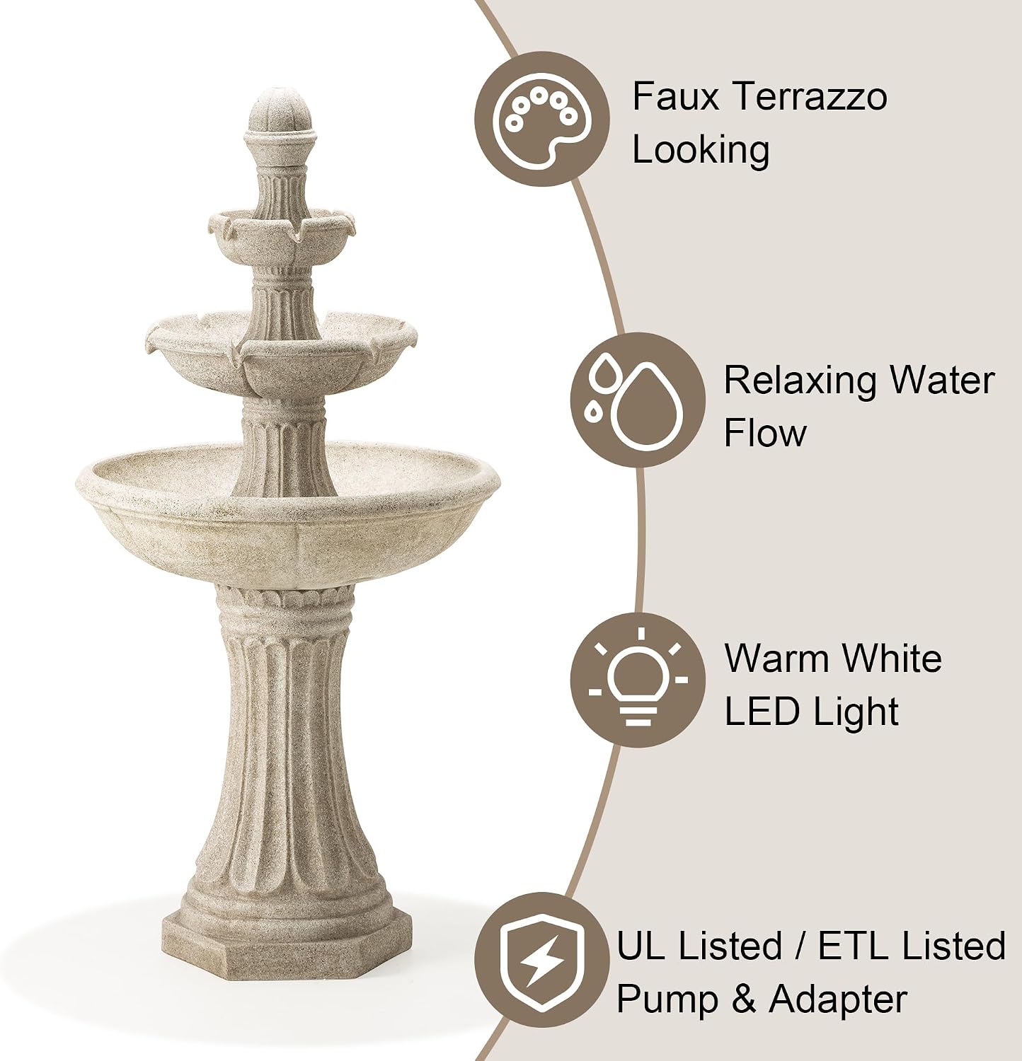 Glitzhome Water Fountain Outdoor Floor-Stand Fountains with LED Light & Pump, Oversized 3 Tier Terrazzo Waterfalls Patio Fountain and Waterfalls Outdoor Yard Fountains for Lawn Garden Backyard Deck