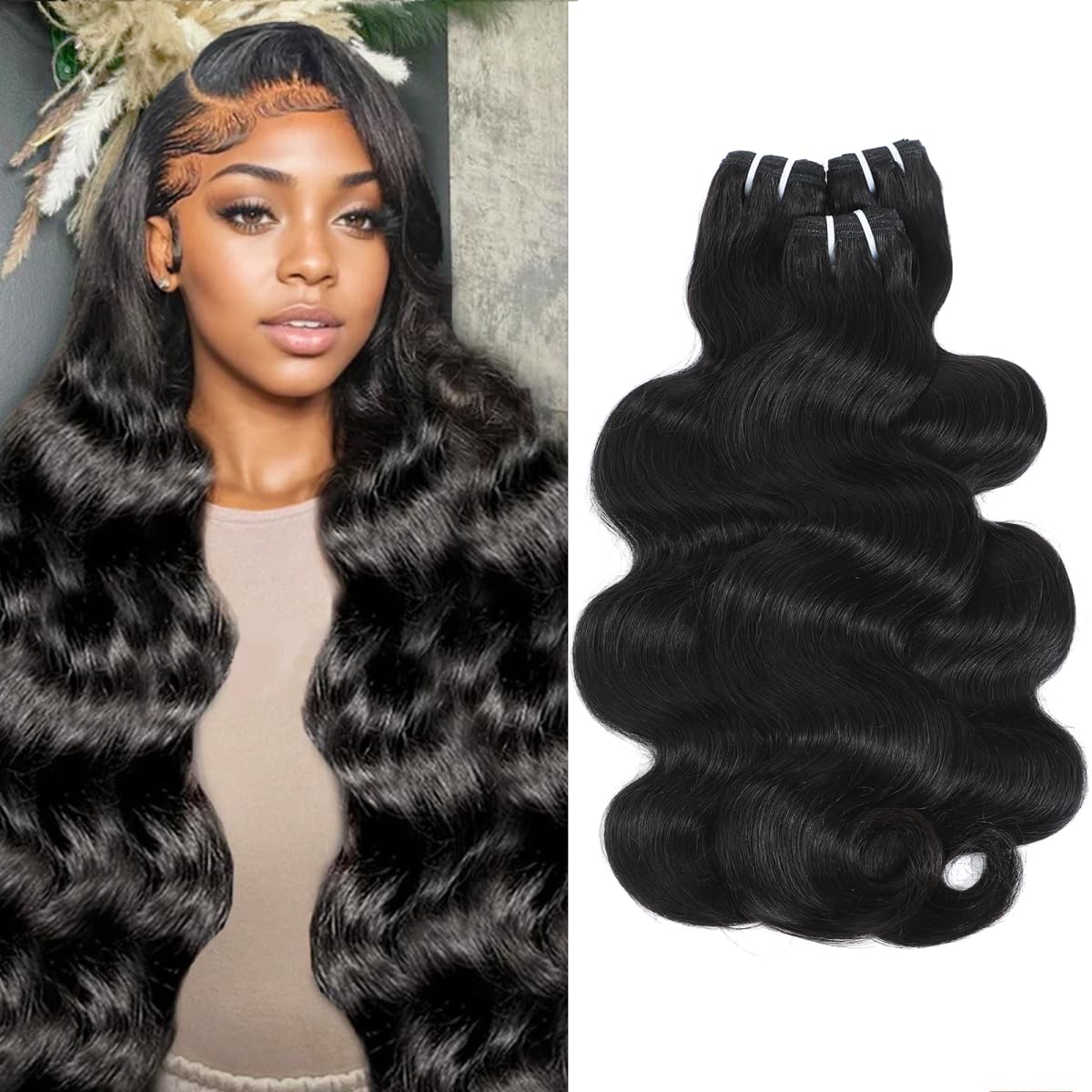 16A Raw Human Hair Bundles,3 Bundles 14 16 18 Inch Body Wave Bundles Human Hair,100% Unprocessed Brazilian Virgin Hair,Quick Weave,Hair Extensions Natural Black For Women,3X Longer Lifespan