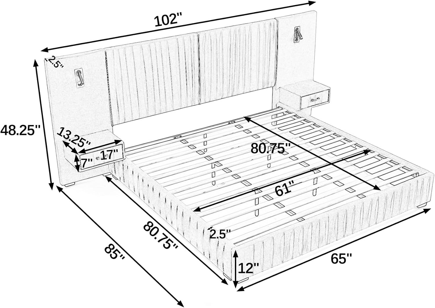 KEIKI Queen Size Chenille Bed Frame with 2 Nightstands, Lamps & Oversize Headboard, Solid Wood Frame Platform Night Stand Bedroom Set, Upholstered Floor Grounded Bed, No Box Spring Needed, Blue Green