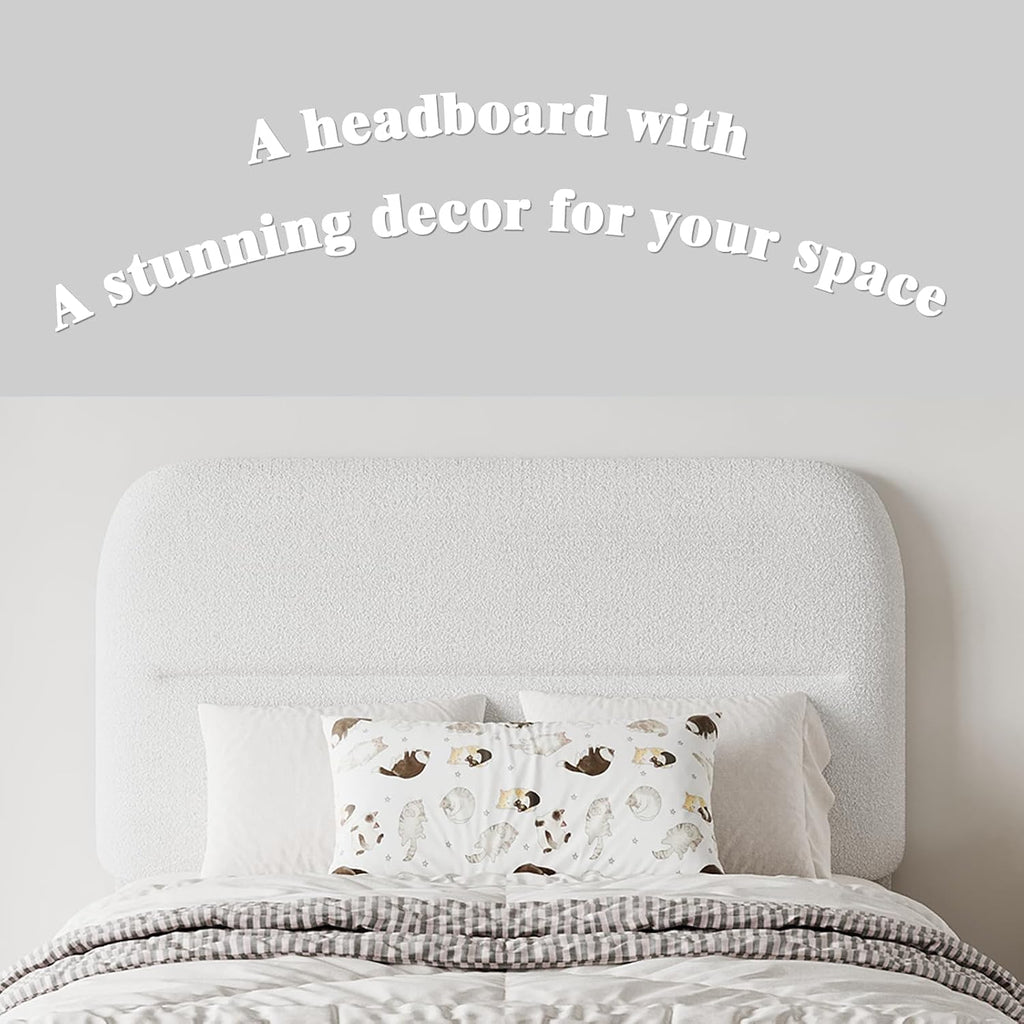 HOMBCK Twin Bed Frames with Headboard, Boucle Upholstered Platform Bed Twin Size for Kids, Rounded Corners & Thickened Footboard, No Box Spring Needed/Easy Assembly, White