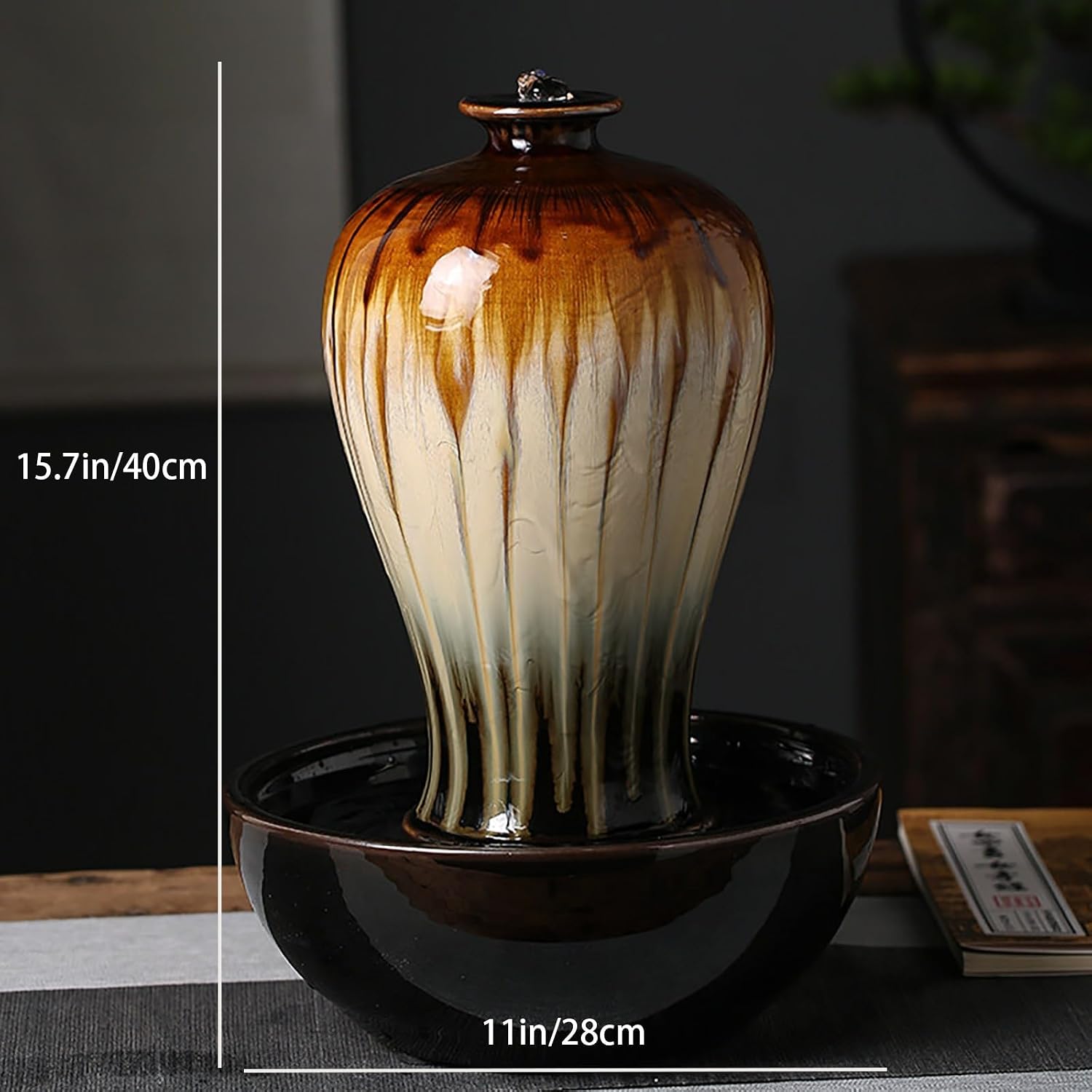 Tabletop Water Fountain, Zen Relaxation, Ceramic Material, Vase Shape, Indoor Waterfall, Meditation, for Home Office Bedroom Living Room Desktop Decor(Yellow,11 * 11 * 15.7IN)