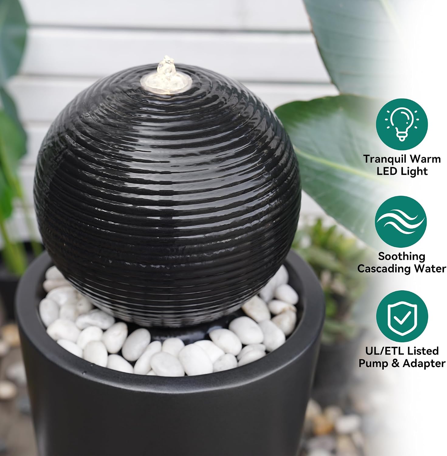 30' H Ceramic Sphere Water Fountain with LED Light, Modern Minimalist Design, Black Glaze with White Pebbles, Soothing Trickling Water Feature, Adding Artistic Charm & Tranquil Ambiance