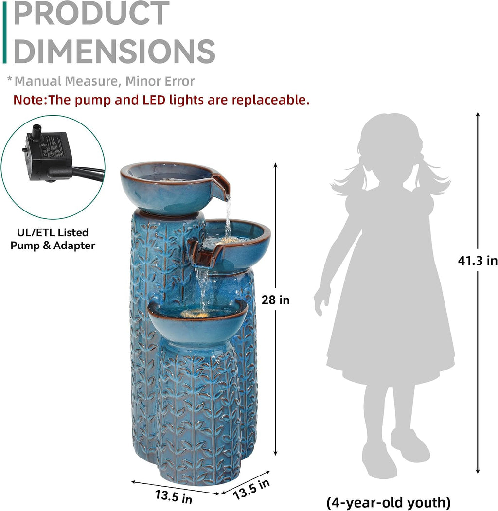 28' H Ceramic Outdoor Water Fountain with LED Lights, 3-Tier Cascading Bowls Water Feature, Tranquil Waterfall for Relaxing Garden, Patio, Yard, or Porch, Turquoise, Embossed Leaf Patterns