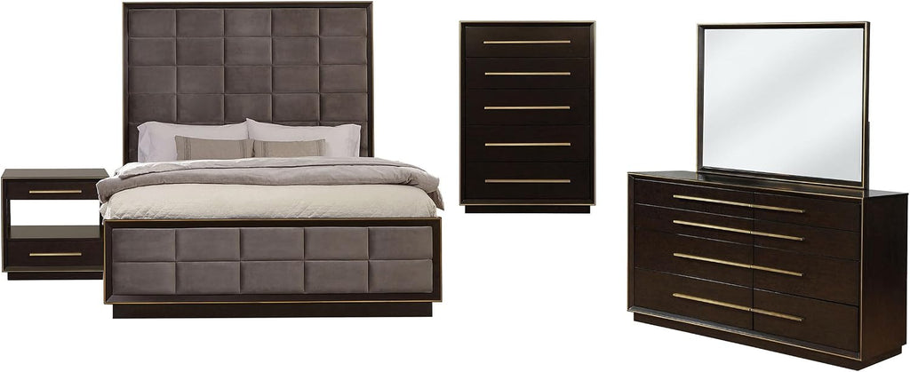 Coaster Home Furnishings Durango Contemporary 5-Piece Bedroom Set Velvet Upholstered Queen Size Panel Bed Frame 80-inch Headboard Smoked Peppercorn 223261Q-S5
