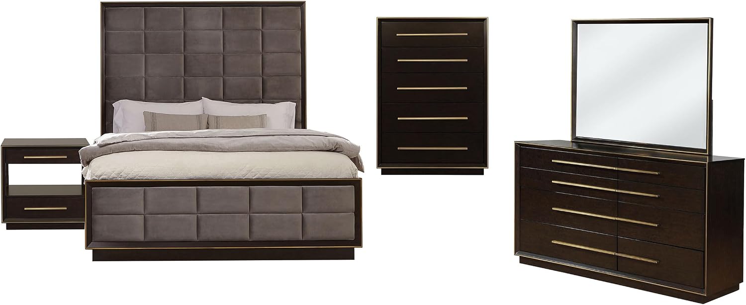 Coaster Home Furnishings Durango Contemporary 5-Piece Bedroom Set Velvet Upholstered Queen Size Panel Bed Frame 80-inch Headboard Smoked Peppercorn 223261Q-S5