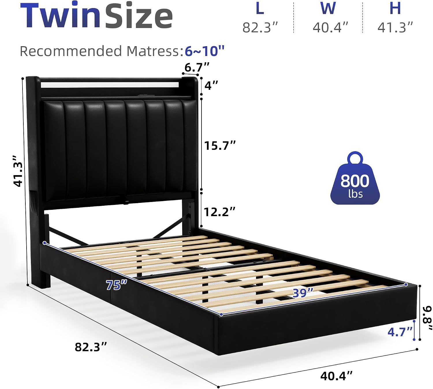 Twin Size Floating Bed Frame with Ergonomic Hidden Storage Headboard and LED Light,Visual Floating Bed Frame with Charing Station,Leather Upholstered Platform Bed for Kids/Boys/Girls,Heavy Duty,Black