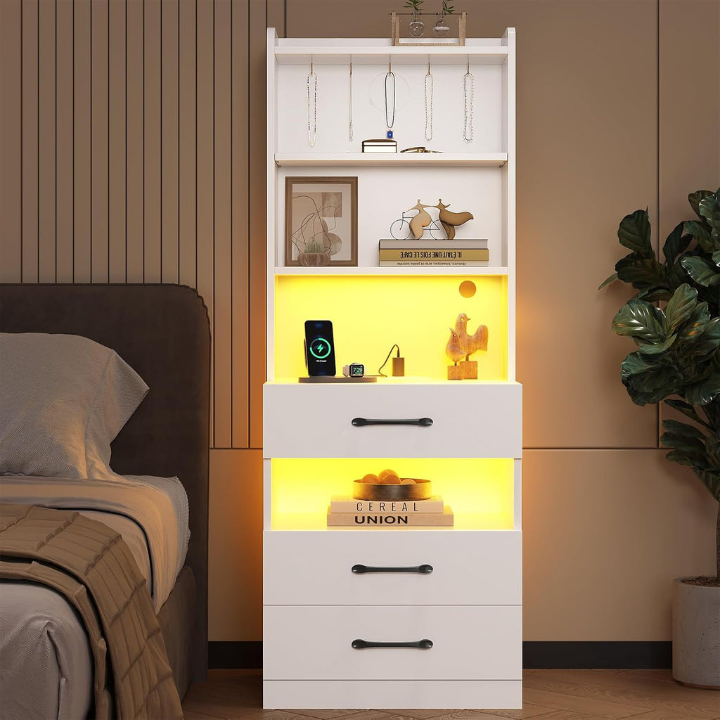 VIAGDO Tall Nightstand Set of 2 with Charging Station and LED Lights, White Night Stand Set 2 with Bookshelf, Modern LED Bedside Tables with 3 Drawers and Storage Shelves, Side Tables for Bedrooms