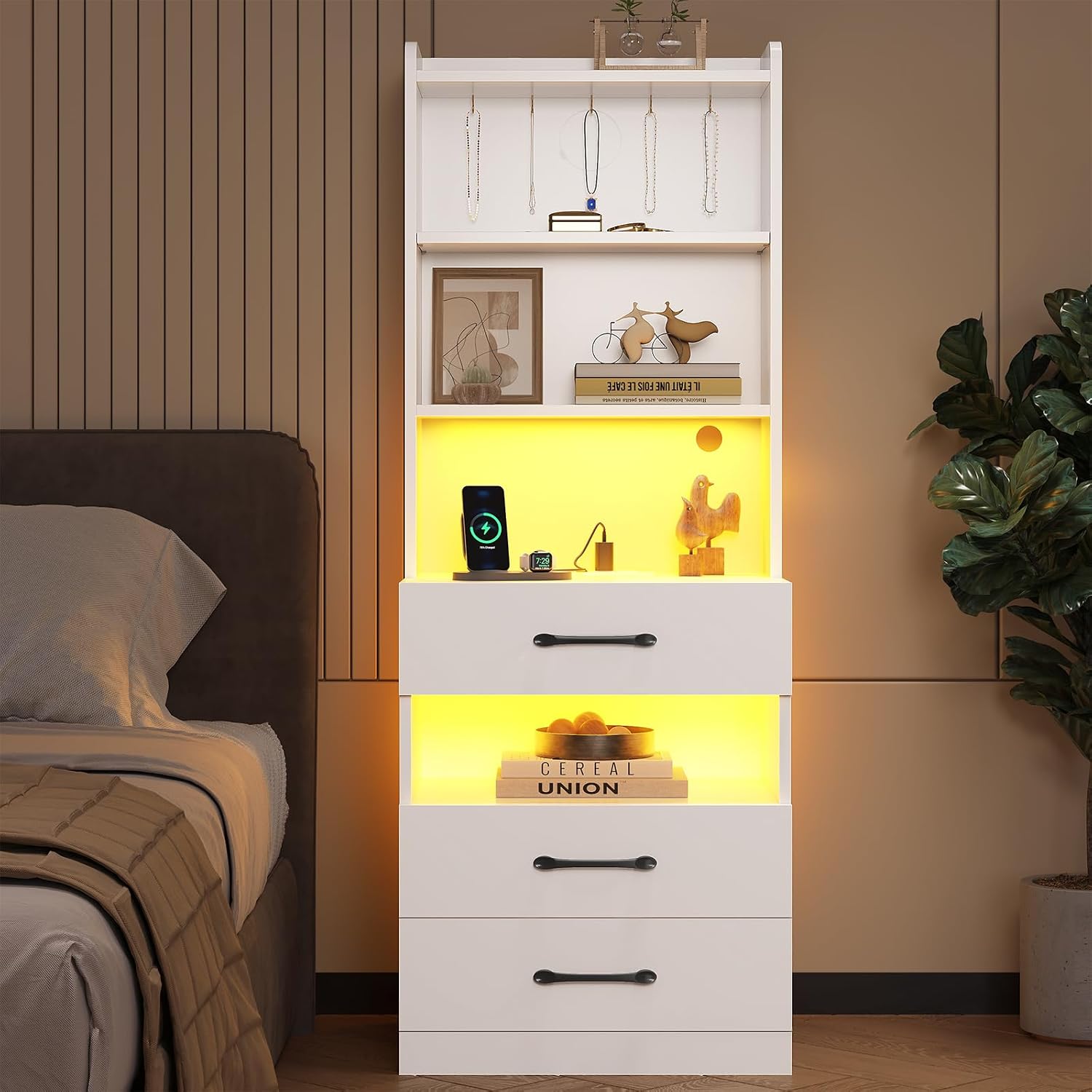 VIAGDO Tall Nightstand Set of 2 with Charging Station and LED Lights, White Night Stand Set 2 with Bookshelf, Modern LED Bedside Tables with 3 Drawers and Storage Shelves, Side Tables for Bedrooms