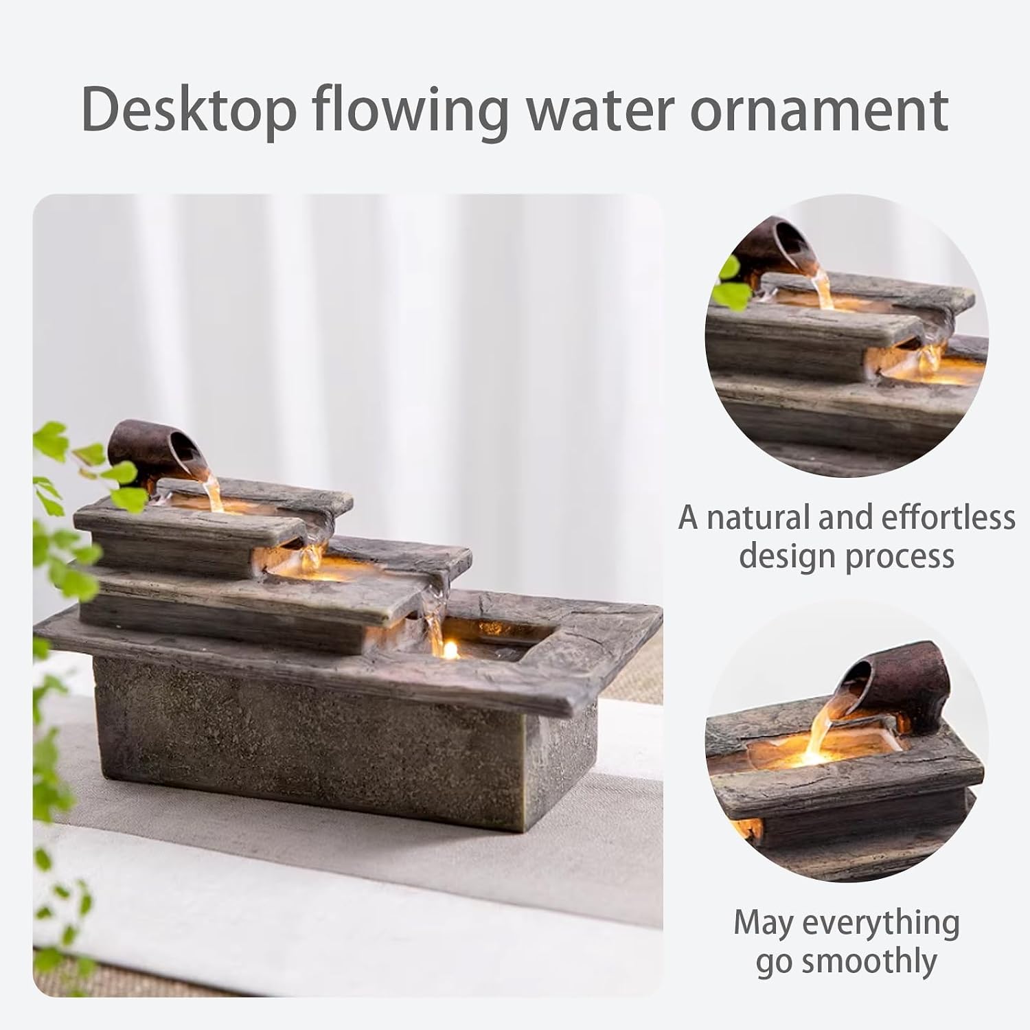 Tabletop Water Fountain, Resin, LED Light, Quiet Pump, Feng Shui, Desktop Waterfall, Cascading Feature, Zen Meditation, for Home Office Living Room Bedroom(A,9 * 4.1 * 5.3IN)