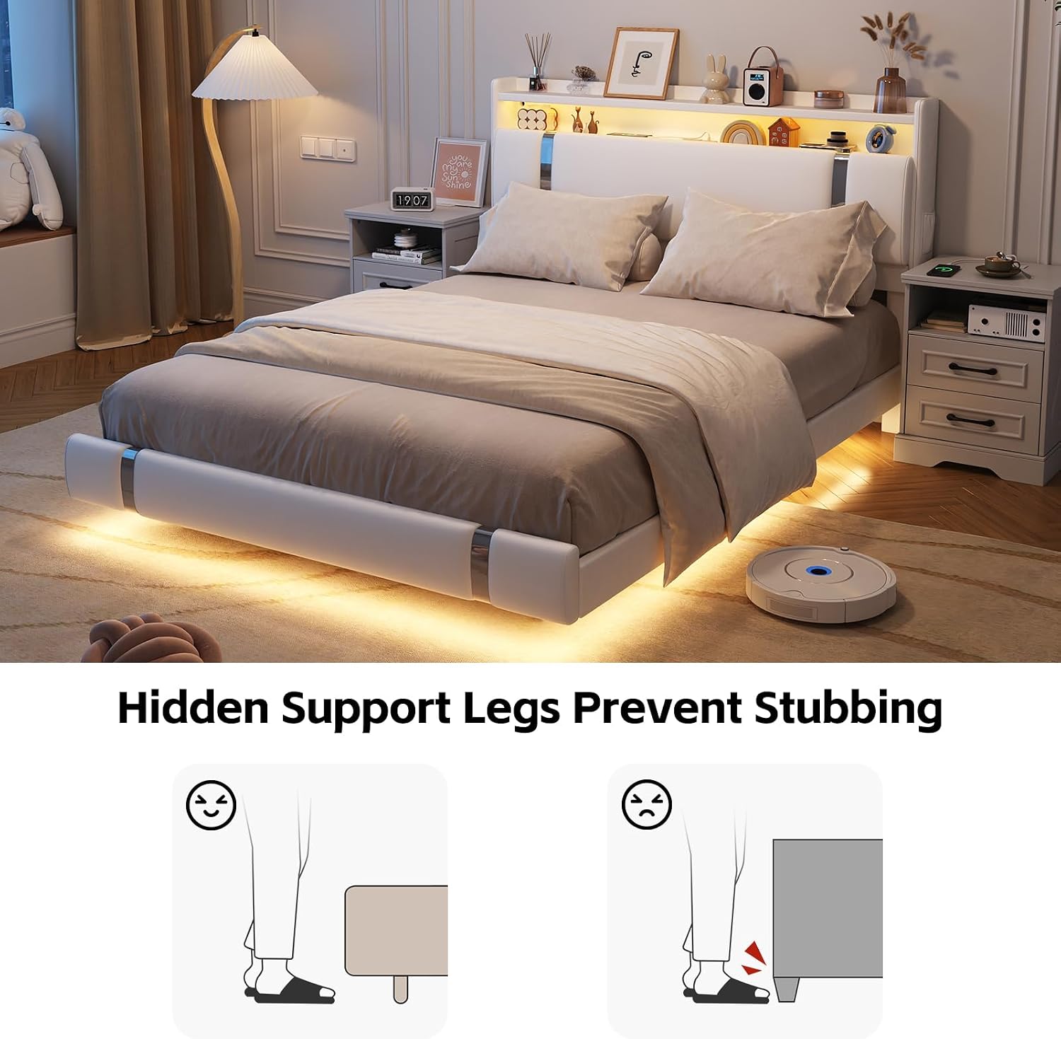Floating Bed Frame, Full Size Platform Bed Frame with LED and Charging Station, Modern White Metal Platform Full Bed with Storage Headboard, Upholstered Platform Bed Frame, No Box Spring Needed