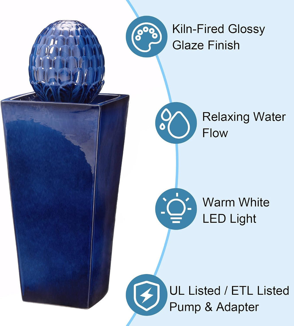 Glitzhome Ceramic Outdoor Water Fountain with LED Light, Oversized Artichoke Pedestal Water Fountains with Submersible Pump, Patio Fountain Waterfall for Garden Patio Deck Porch, Cobalt Blue, 35.75' H