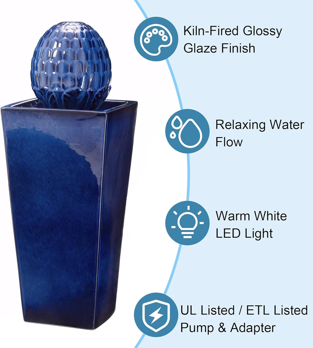 Glitzhome Water Fountain Outdoor with LED Light, Oversized Ceramic Pedestal Garden Fountains Outdoor, Artichoke Outdoor Fountains and Waterfalls Water Feature, Cobalt Blue, 35.75' H