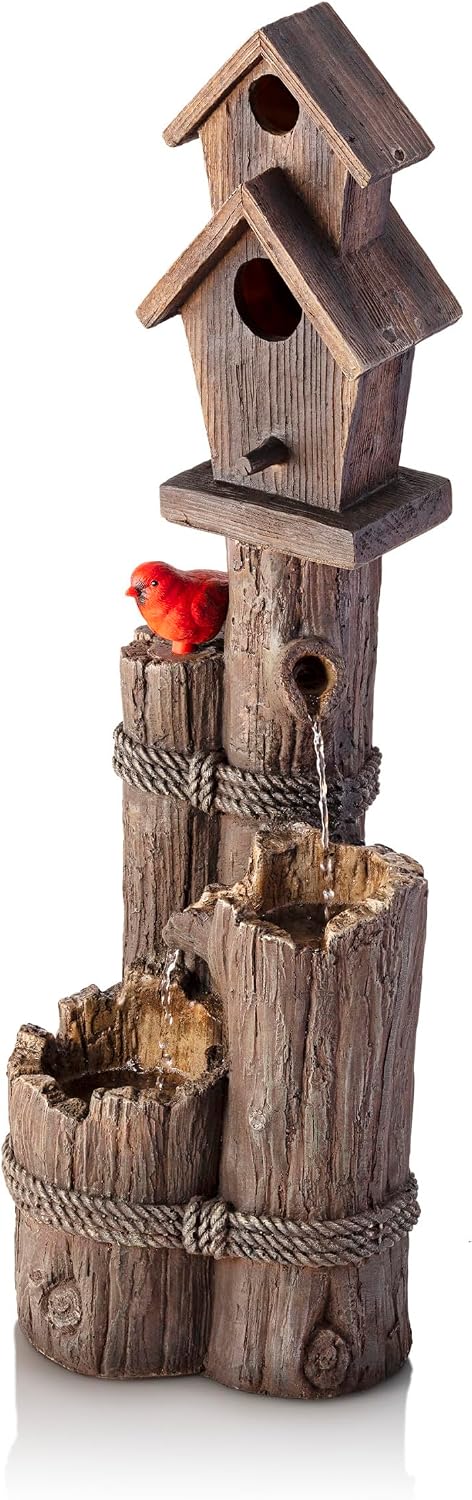 Alpine Corporation 35' Tall Outdoor 3-Tier Birdhouse Water Fountain with Cardinal Accent, Rustic Floor Decor for Garden and Patio, Brown