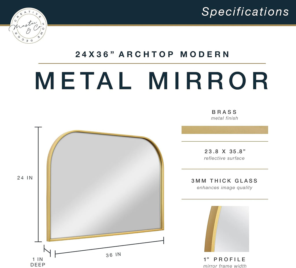 MCS Master & Co. Modern Metal Large Wall Mirror, Minimalist Home Decor Mantle Arch Mirror for Living Room, Bedroom, or Bathroom, 24 by 36 Inch, Brass