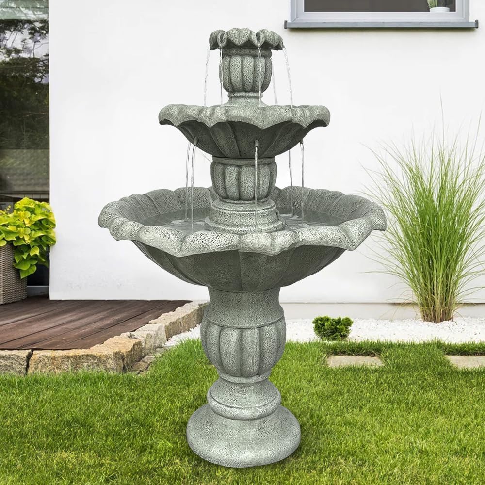 39.3' H Outdoor Floor Water Fountain, 3-Tiers Concrete Water Fountain with Submersible Electric Pump - Garden Cascading Waterfall for Yard Patio Lawn Home Decor