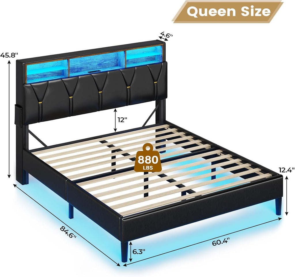 BTHFST Queen Bed Frame with LED Lights & Charging Station,LED Bed Frame Queen Size with Storage Shelf Headboard,Faux Leather Upholstered Bed, Black PU