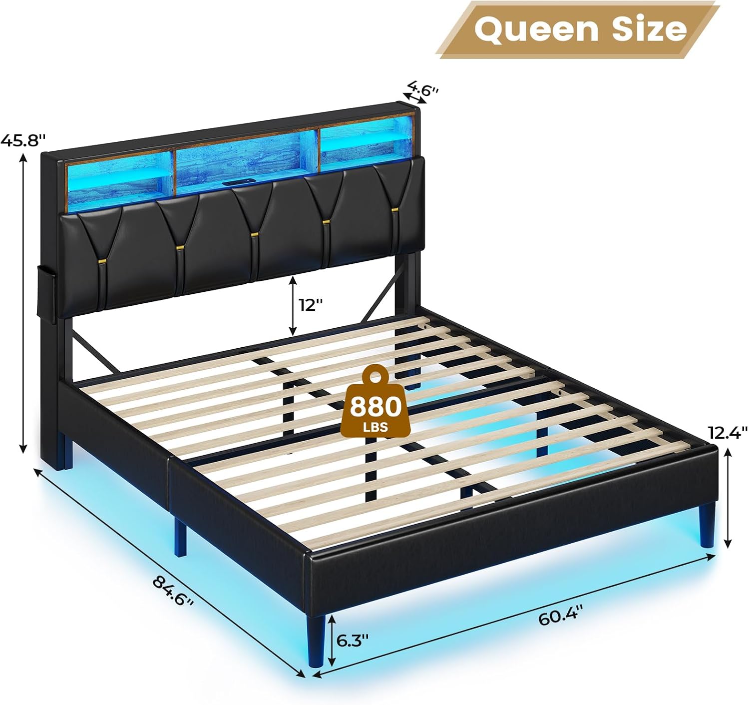 BTHFST Queen Bed Frame with LED Lights & Charging Station,LED Bed Frame Queen Size with Storage Shelf Headboard,Faux Leather Upholstered Bed, Black PU