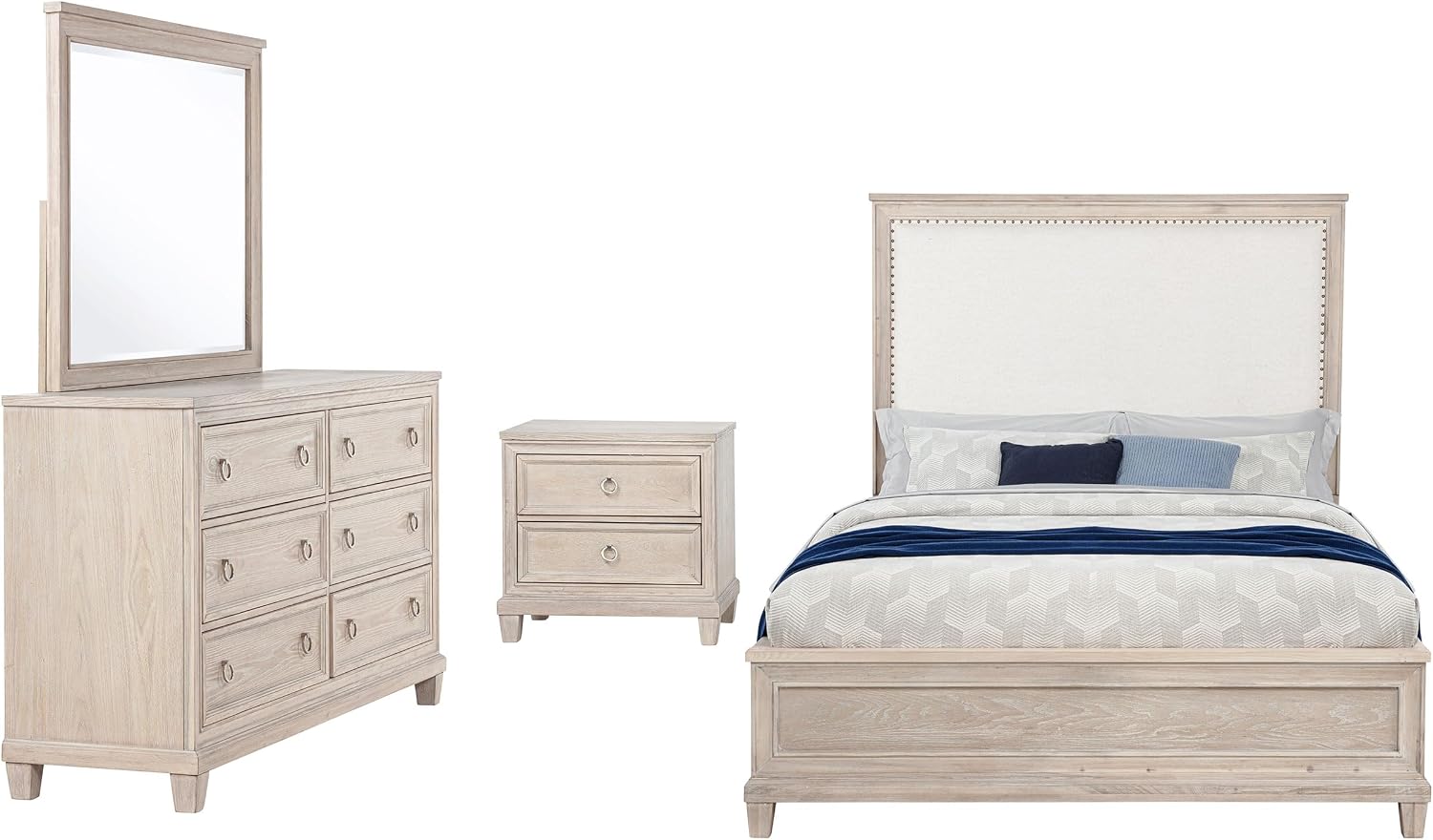 Coaster Home Furnishings - Pembroke - Wood - 4-Piece Bedroom Set with Molding Details, Nailhead Trim, Tapered Legs and Cable Access - Bedroom - California King Size - Washed Oak - 215921KW-S4