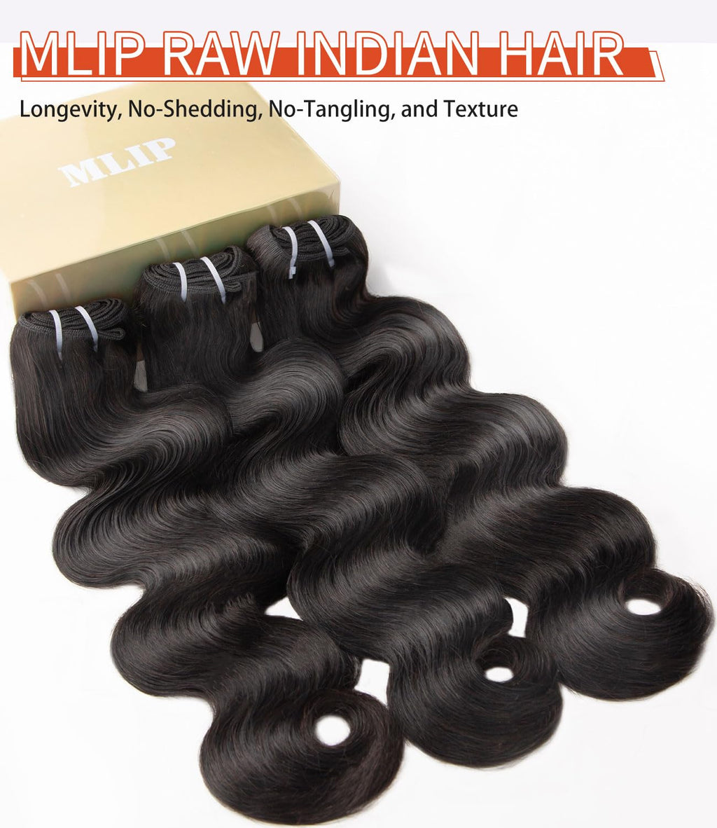 MLIP Body Wave Bundles Human Hair, 100% Raw Indian Hair, Full & Thick, No Tangle No Shedding, Silky Soft After Multiple Washes, Lasts 3X Longer, Natural Color, 3 Bundles 10 12 14 Inch