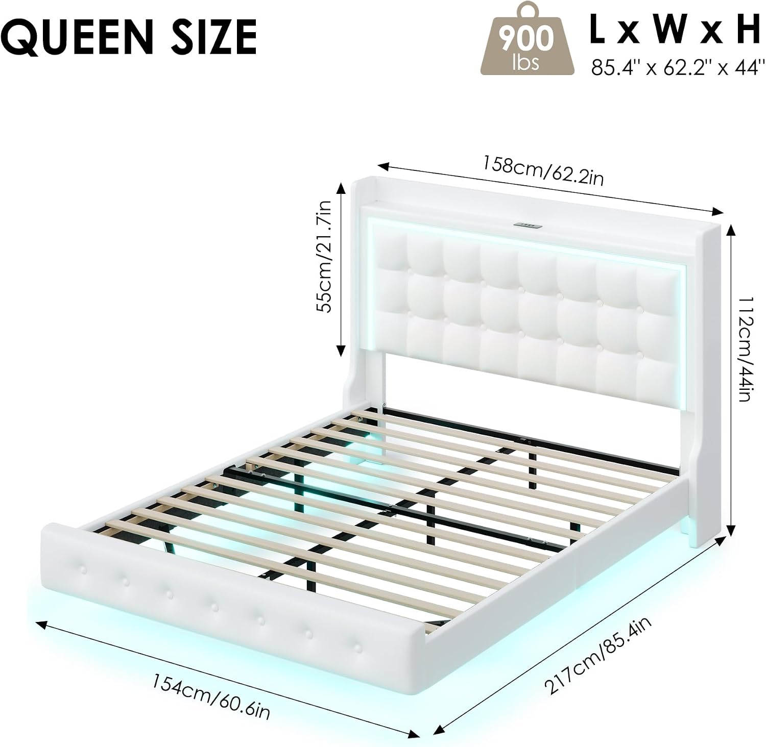 Keyluv Upholstered Queen Floating Bed Frame with LED Lights and Charging Station, Pu Leather Platform Bed with Button Tufted Storage Headboard, Type-C & USB Charging Ports, No Box Spring Needed, White