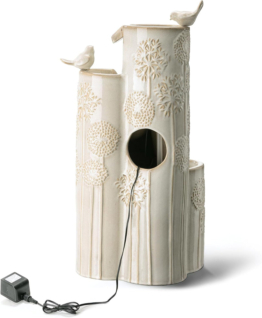 Glitzhome Water Fountain Outdoor with LED Lights, 4-Tier Vase Shaped Ceramic Outdoor Fountain, Dandelion Glaze Water Fountains Feature for Garden Backyard Patio, Sand Beige, 31.7'H