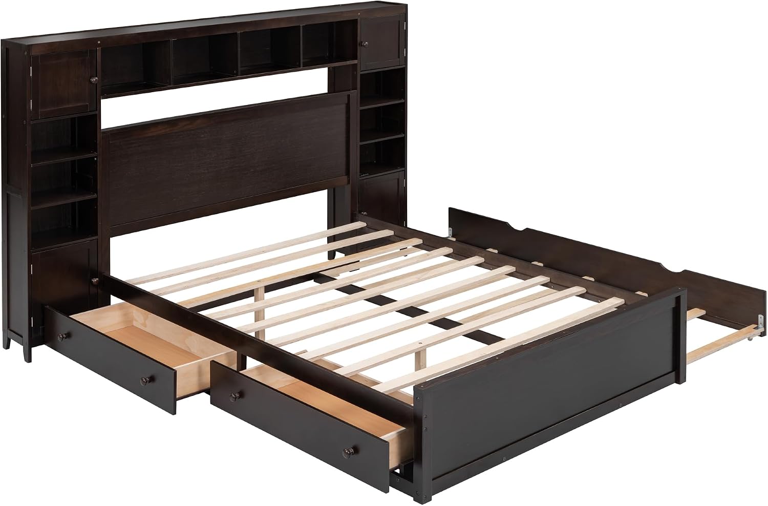 Queen Platform Bed with All-in-One Cabinet, Shelf and Sockets, Wood Queen Beds with 2 Storage Drawers and Trundle, Queen Size Bed Frame for Bed Room, No Box Spring Needed,Espresso
