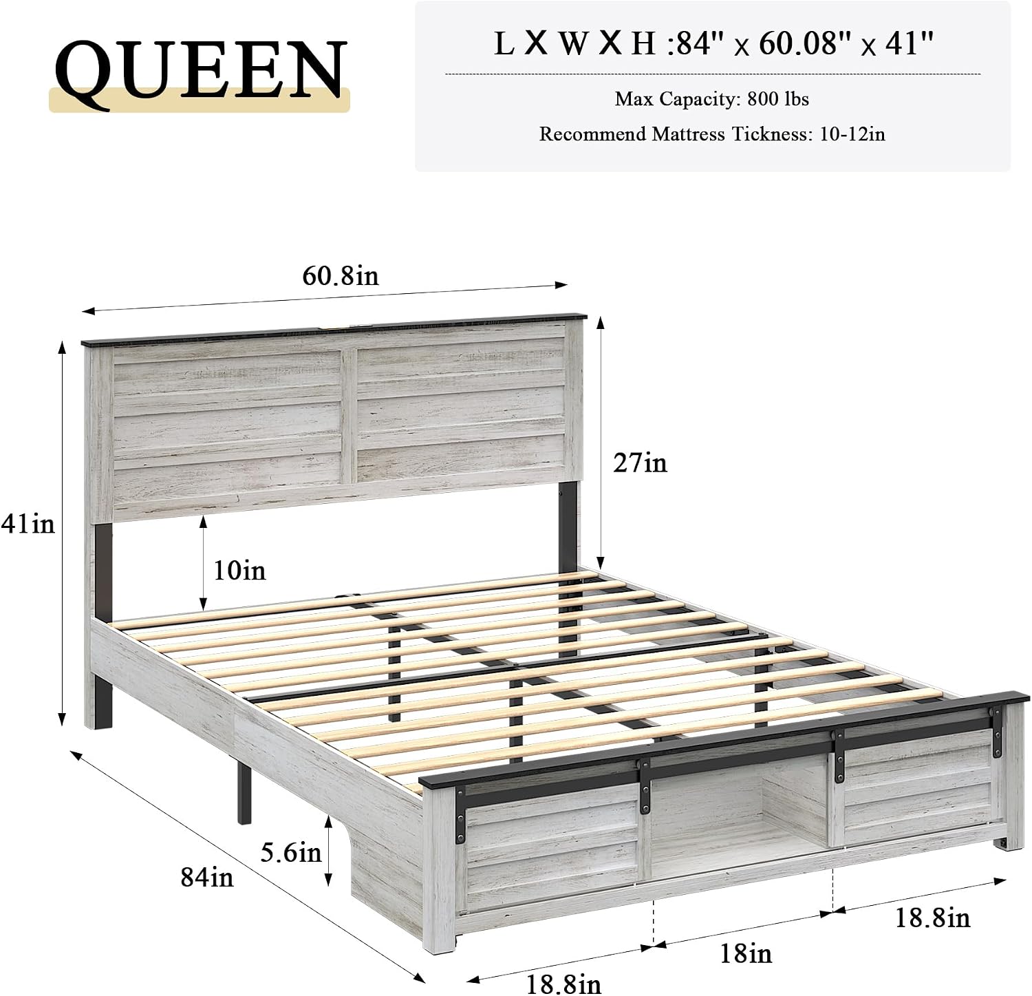 Wooden Bed Frame Queen Size with Headboard & Sliding Barn Door Storage Footboard, Farmhouse Platform Bedframe with Charging Station and LED Lights, No Box Spring Needed, Boho White