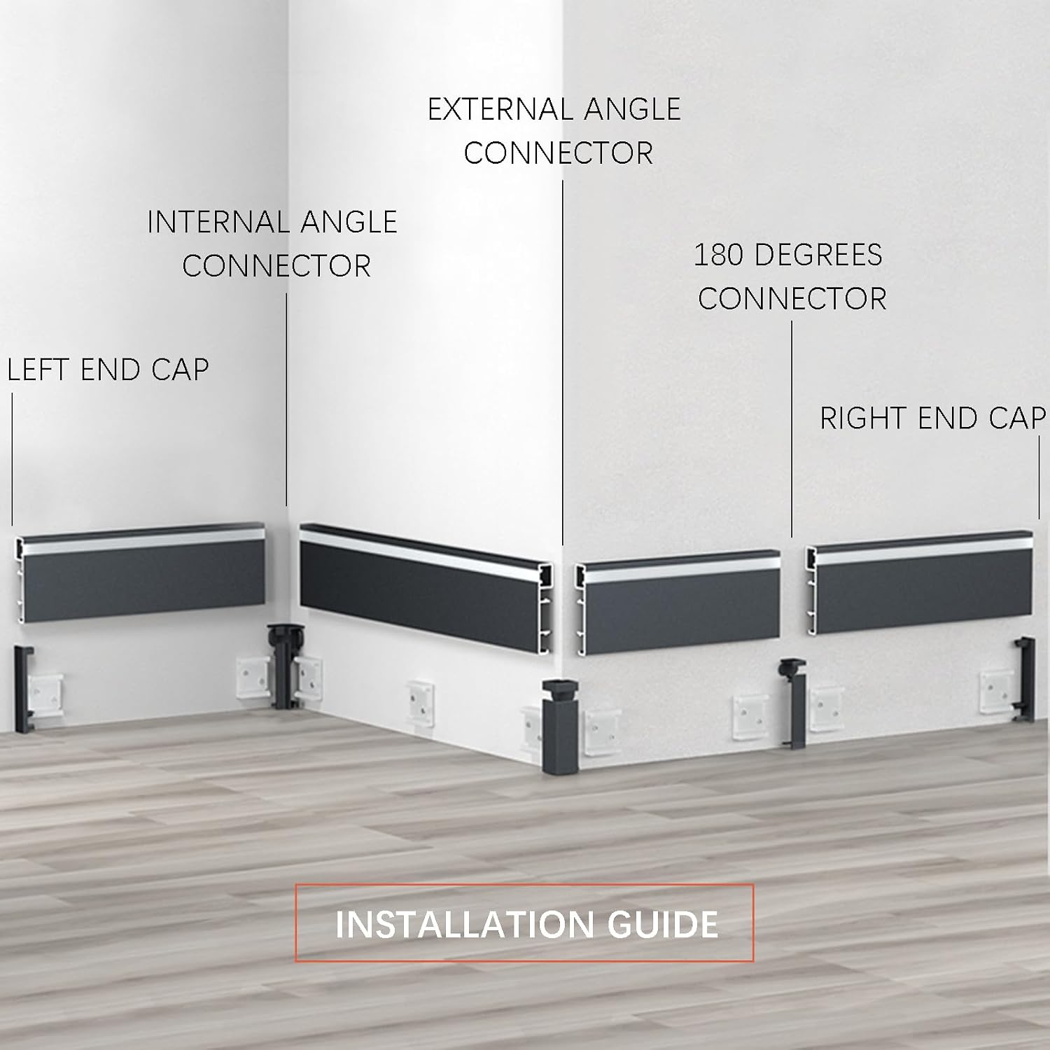 LED Aluminium Baseboard Molding Trim Height 80mm (3.15') Length 1200mm (3.94ft) Metal Wall Base Snap-on Aluminium Skirting Trim - Elevate Your Home Décor (Black, 10pcs)