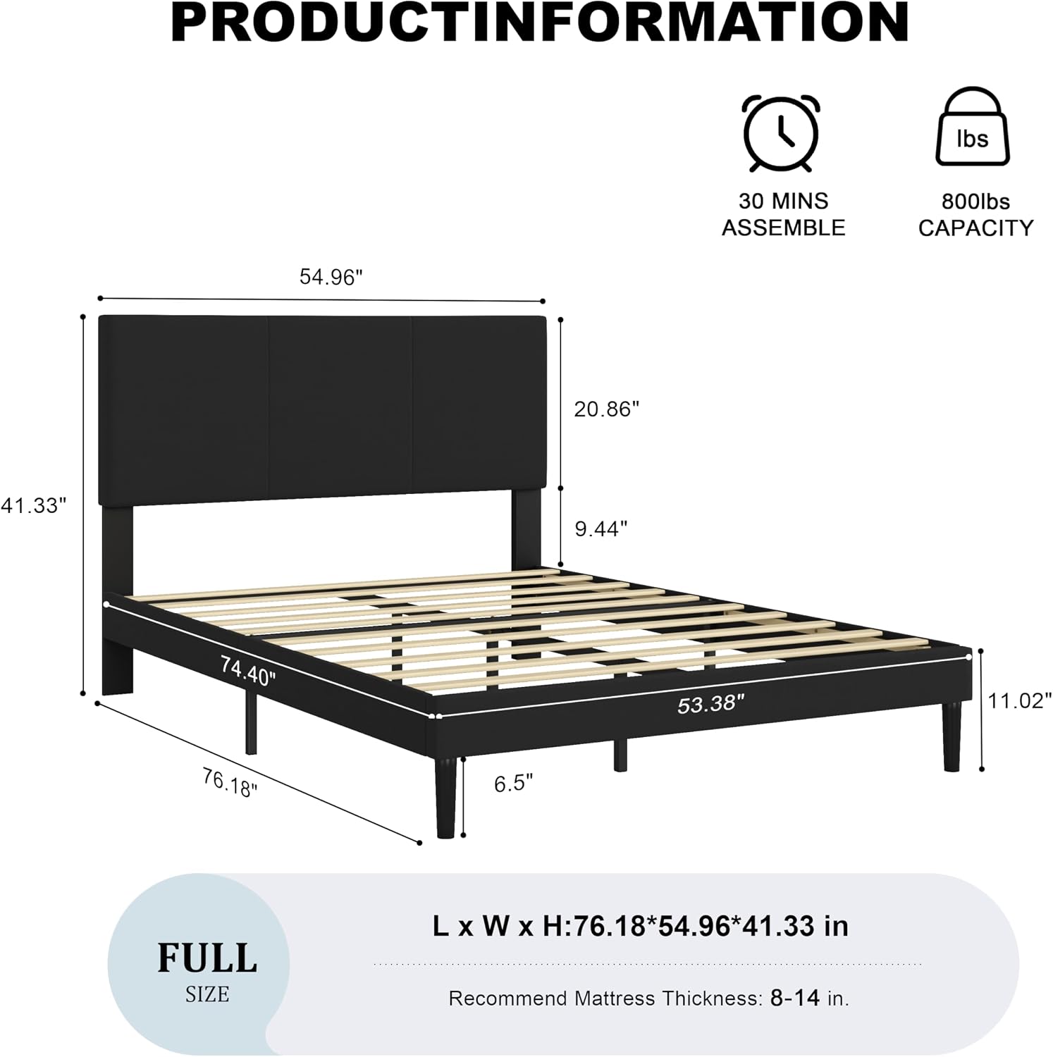 Full Size Bed Frame with Headboard, Velvet Upholstered Platform Bed Frame, Sturdy Slatted Support for Springless Mattresses, Silent Operation, Easy to Assemble, Black